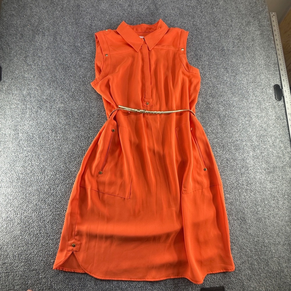 Calvin Klein Orange Sleeveless Belted Shirt Dress Size 14 Pockets Gold Accents